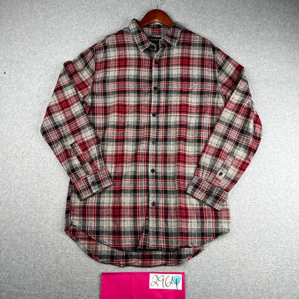 PacSun Shirt Large Longer Sit Red Gray PLaid Casual Button Up Long Sleeve Mens